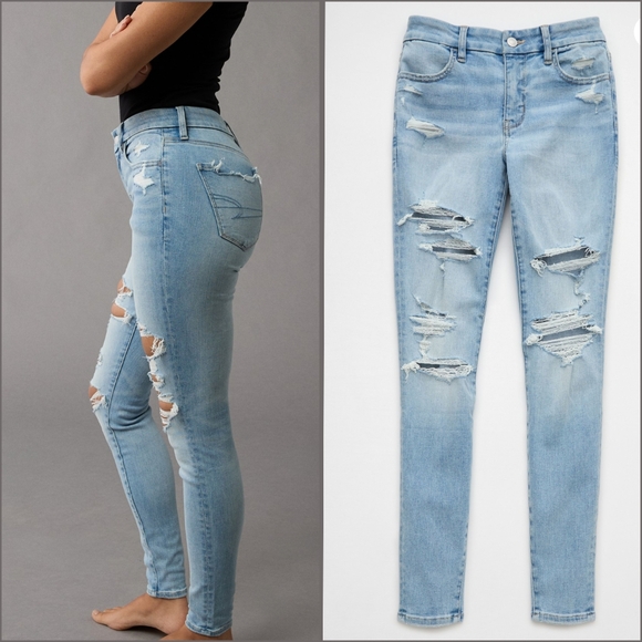 American Eagle Curvy High Rise Jeggings Sz 16 Ripped Distressed Jeans - Picture 2 of 6
